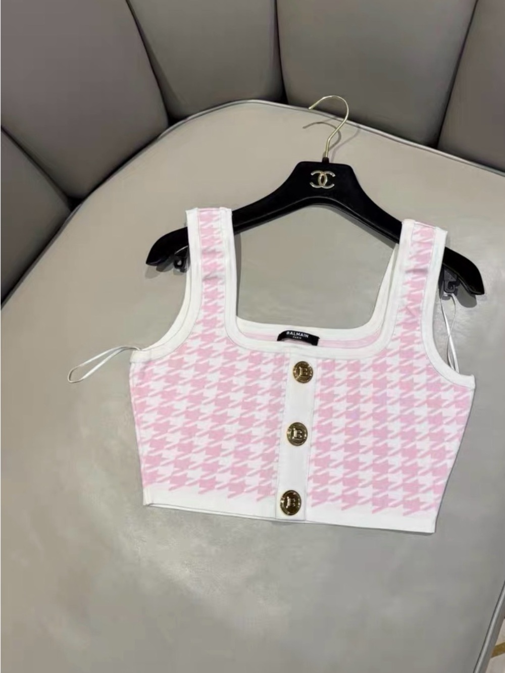 Balmain Pink & White Houndstooth Cropped Tank with Gold Buttons